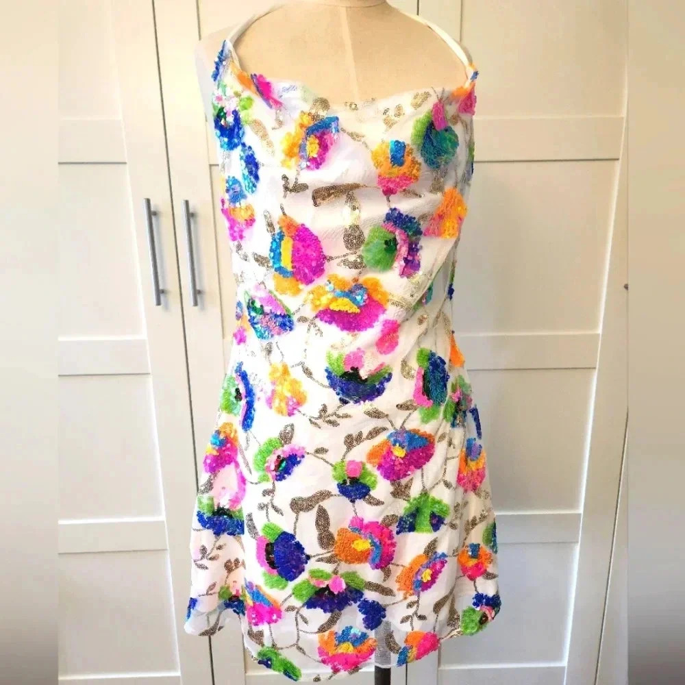 Hello Molly White Mini Dress with Multicolor Sequin Floral Embroidery